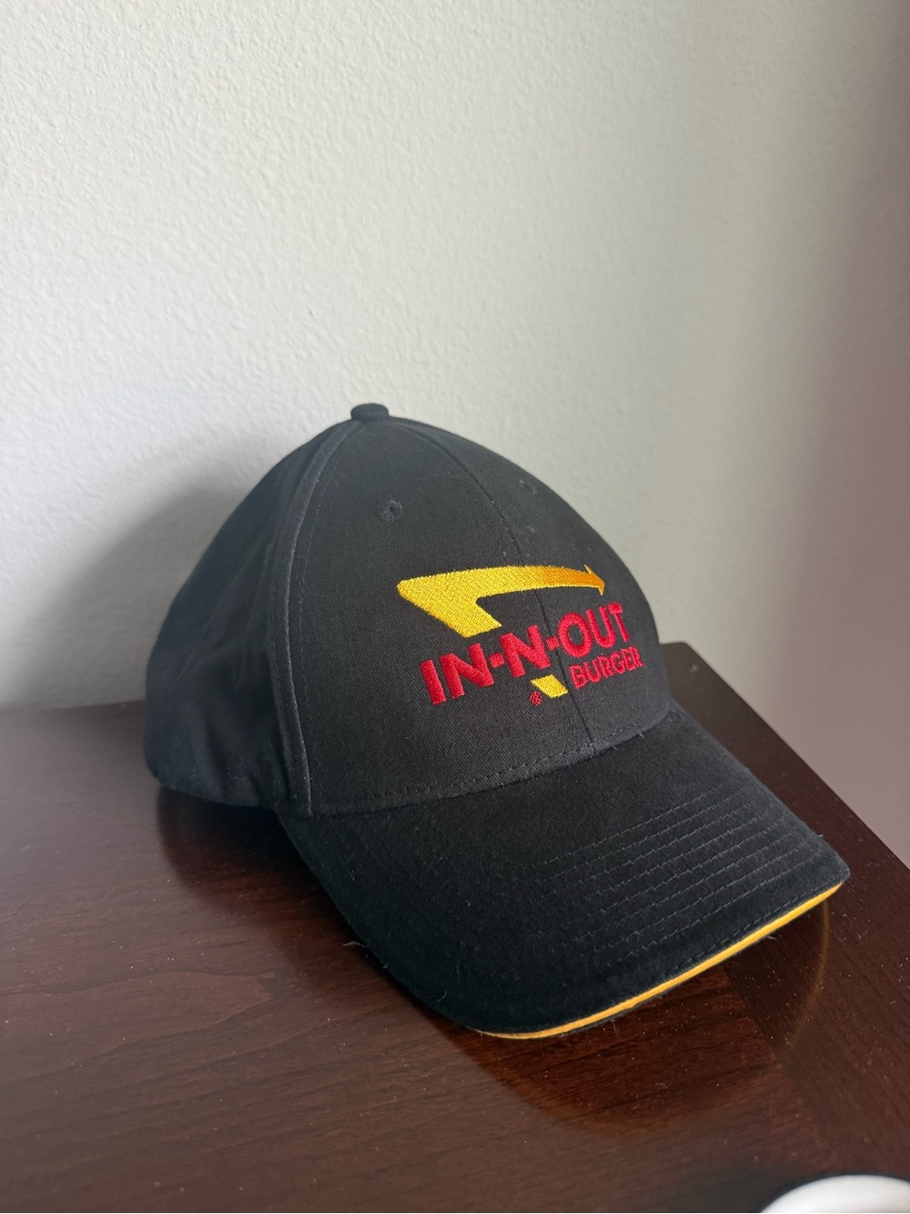 In-N-Out Burger Baseball Cap Adjustable Black Embroidered Logo Hat Gold Trim